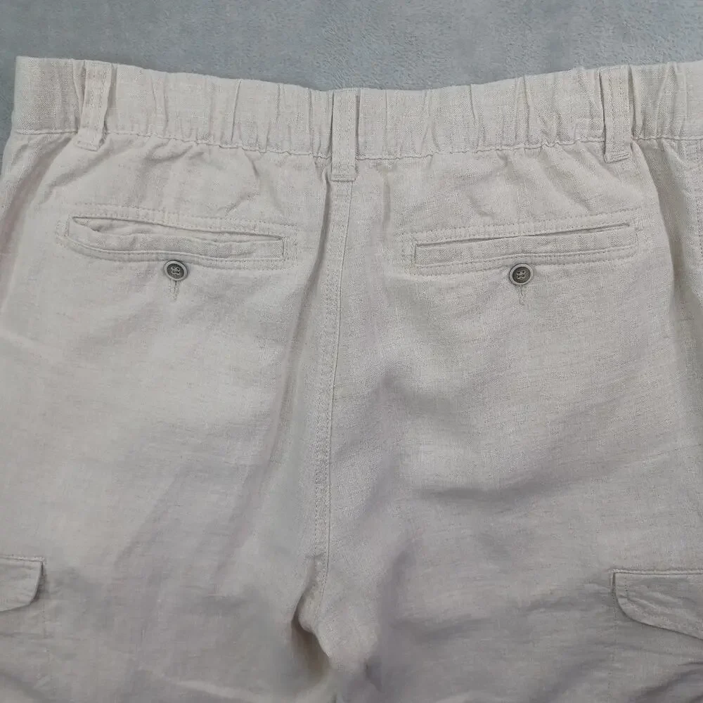 Caribbean 100% Linen Cargo Pants Men's 36x30 Beige Drawstring Coastal Straight
